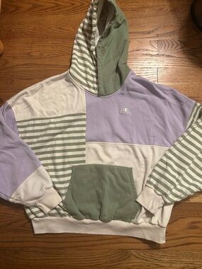 Champion Women’s Sz XL Cream Purple Green Patchwork Striped Cotton Blend Hoodie